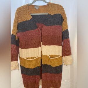 Striped Color Block Women's Open Cardigan long Sweater Gold Gray Burgundy Sz M